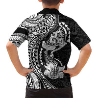 Hawaiian Manta Ray and Hammerhead Shark Tribal Tattoo Kid Hawaiian Shirt with Polynesian Tribal Pattern Black-White Color