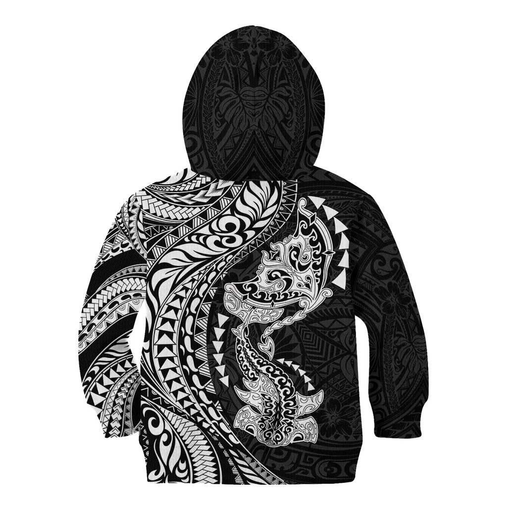 Hawaiian Manta Ray and Hammerhead Shark Tribal Tattoo Kid Hoodie with Polynesian Tribal Pattern Black-White Color