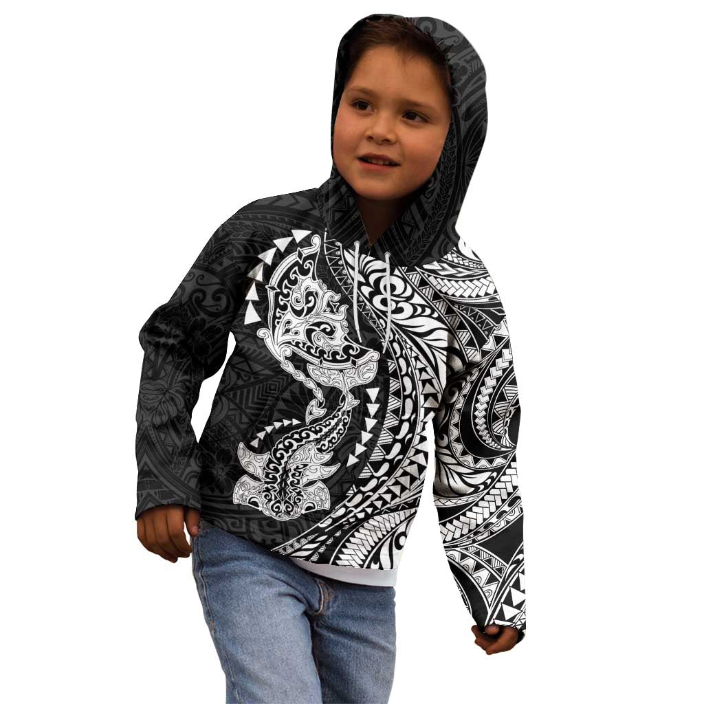 Hawaiian Manta Ray and Hammerhead Shark Tribal Tattoo Kid Hoodie with Polynesian Tribal Pattern Black-White Color