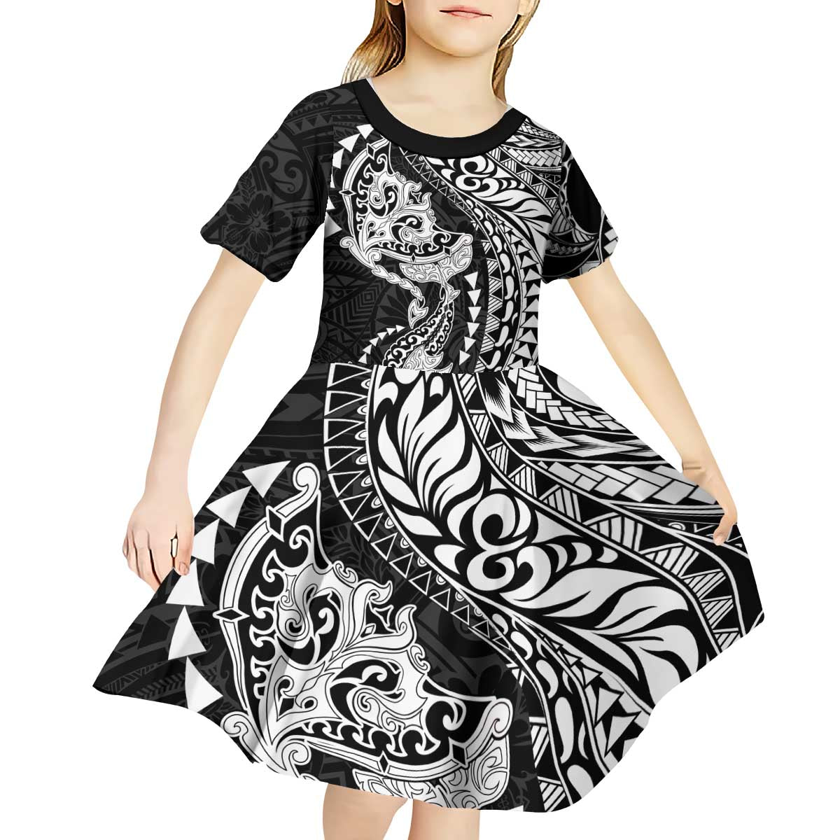 Hawaiian Manta Ray and Hammerhead Shark Tribal Tattoo Kid Short Sleeve Dress with Polynesian Tribal Pattern Black-White Color