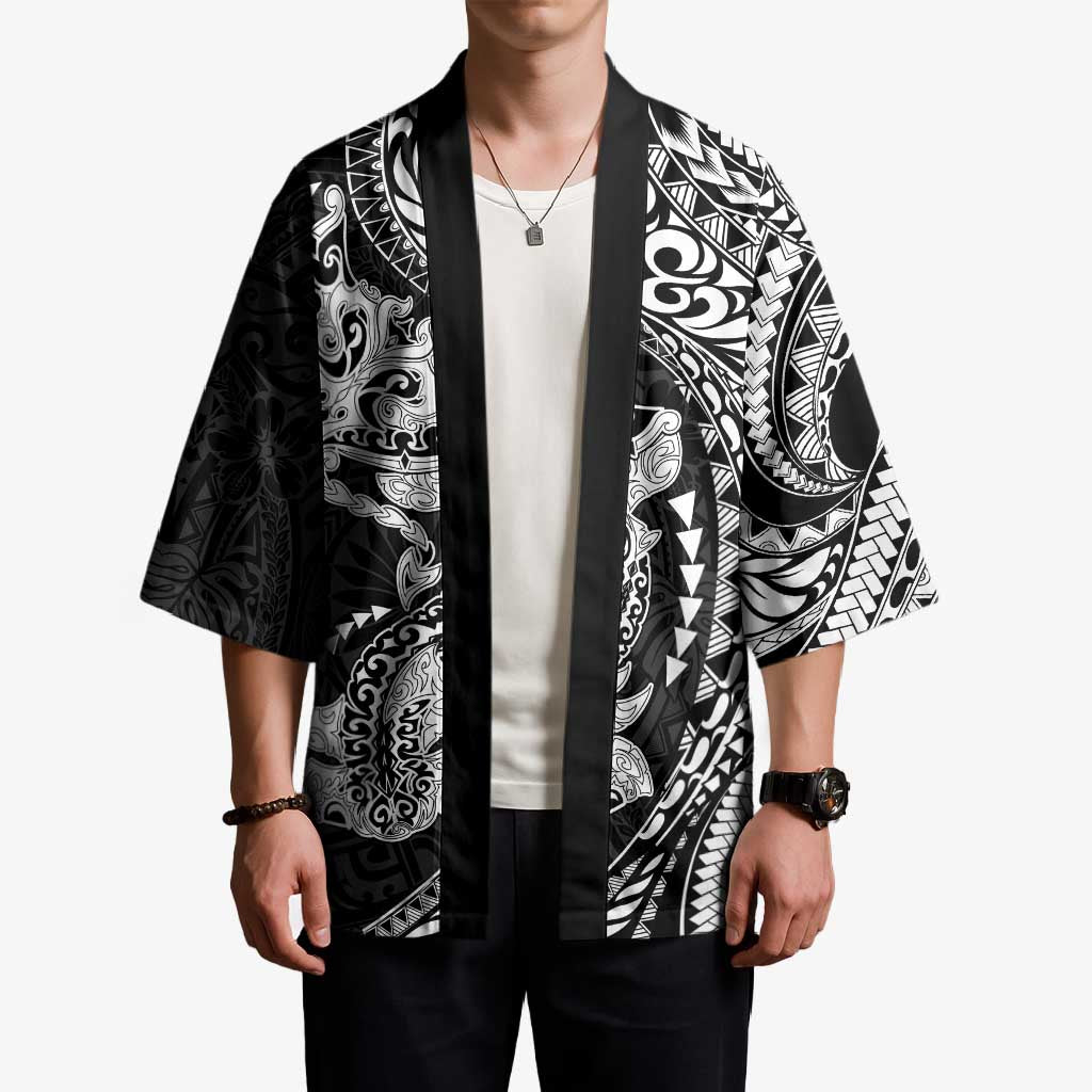 Hawaiian Manta Ray and Hammerhead Shark Tribal Tattoo Kimono with Polynesian Tribal Pattern Black-White Color