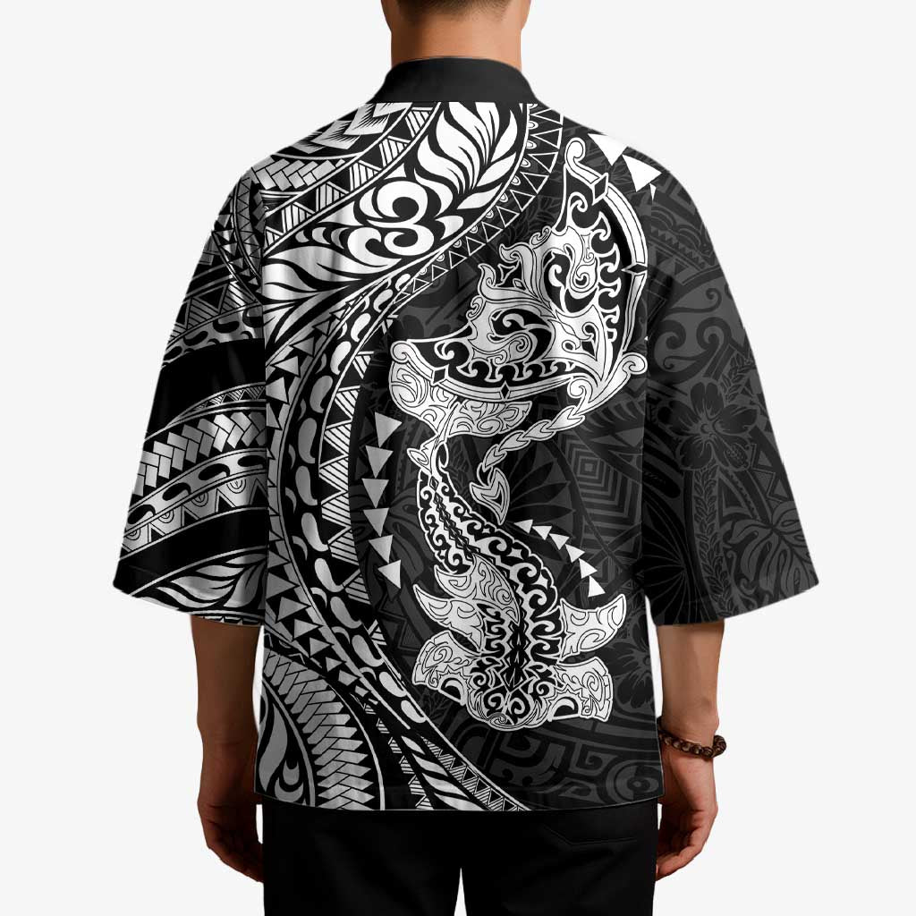 Hawaiian Manta Ray and Hammerhead Shark Tribal Tattoo Kimono with Polynesian Tribal Pattern Black-White Color