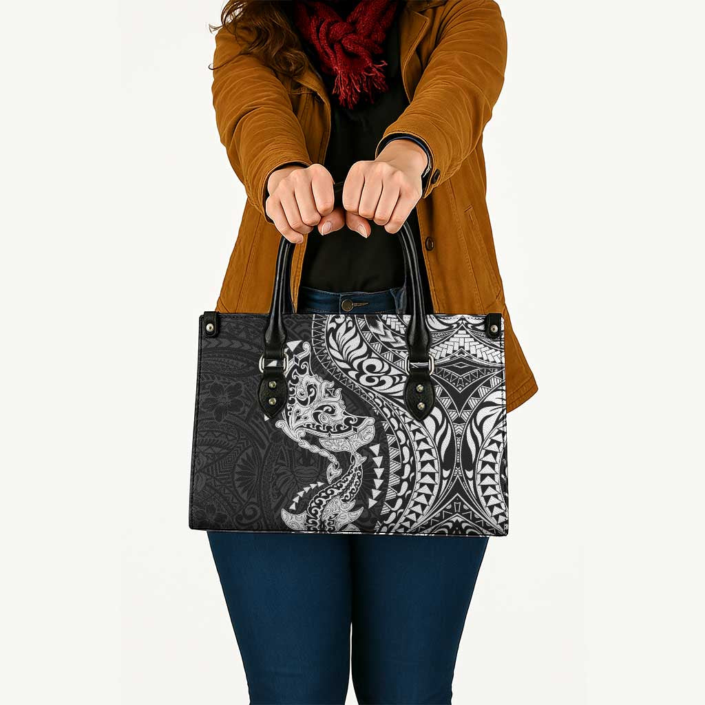 Hawaiian Manta Ray and Hammerhead Shark Tribal Tattoo Leather Bag with Polynesian Tribal Pattern Black-White Color