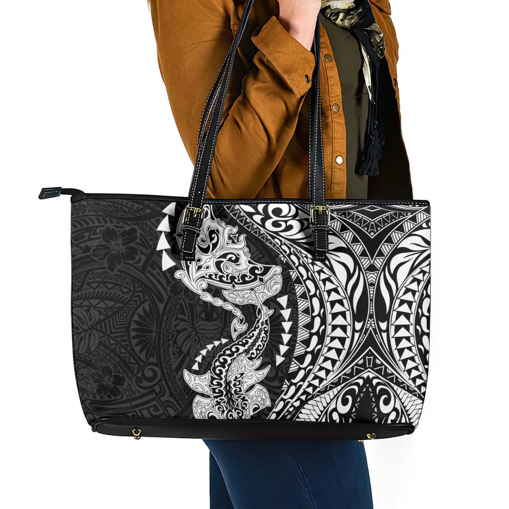 Hawaiian Manta Ray and Hammerhead Shark Tribal Tattoo Leather Tote Bag with Polynesian Tribal Pattern Black-White Color