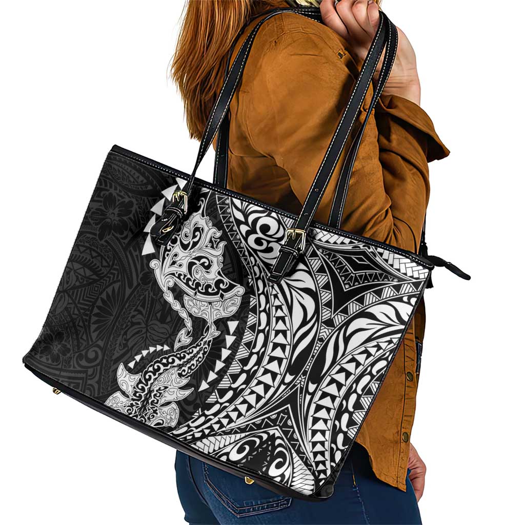 Hawaiian Manta Ray and Hammerhead Shark Tribal Tattoo Leather Tote Bag with Polynesian Tribal Pattern Black-White Color