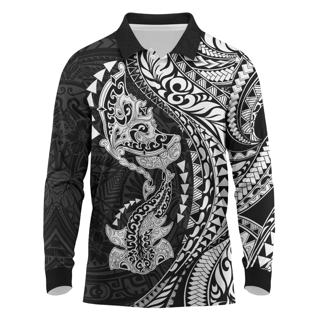 Hawaiian Manta Ray and Hammerhead Shark Tribal Tattoo Long Sleeve Polo Shirt with Polynesian Tribal Pattern Black-White Color