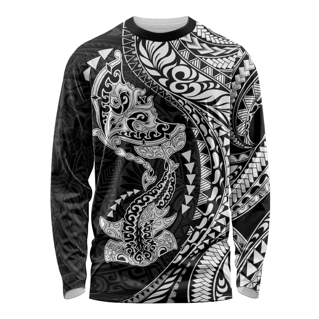Hawaiian Manta Ray and Hammerhead Shark Tribal Tattoo Long Sleeve Shirt with Polynesian Tribal Pattern Black-White Color
