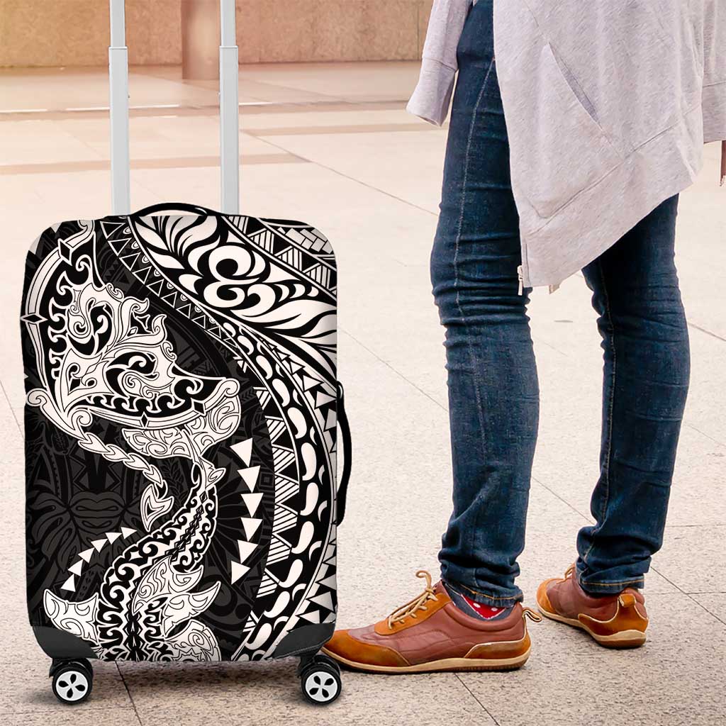 Hawaiian Manta Ray and Hammerhead Shark Tribal Tattoo Luggage Cover with Polynesian Tribal Pattern Black-White Color