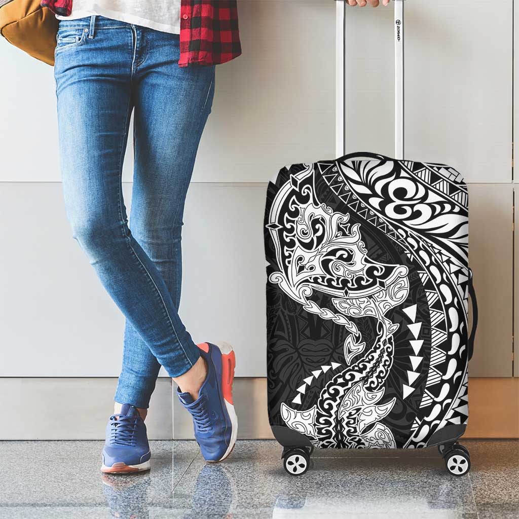 Hawaiian Manta Ray and Hammerhead Shark Tribal Tattoo Luggage Cover with Polynesian Tribal Pattern Black-White Color