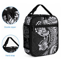 Hawaiian Manta Ray and Hammerhead Shark Tribal Tattoo Lunch Bag with Polynesian Tribal Pattern Black-White Color