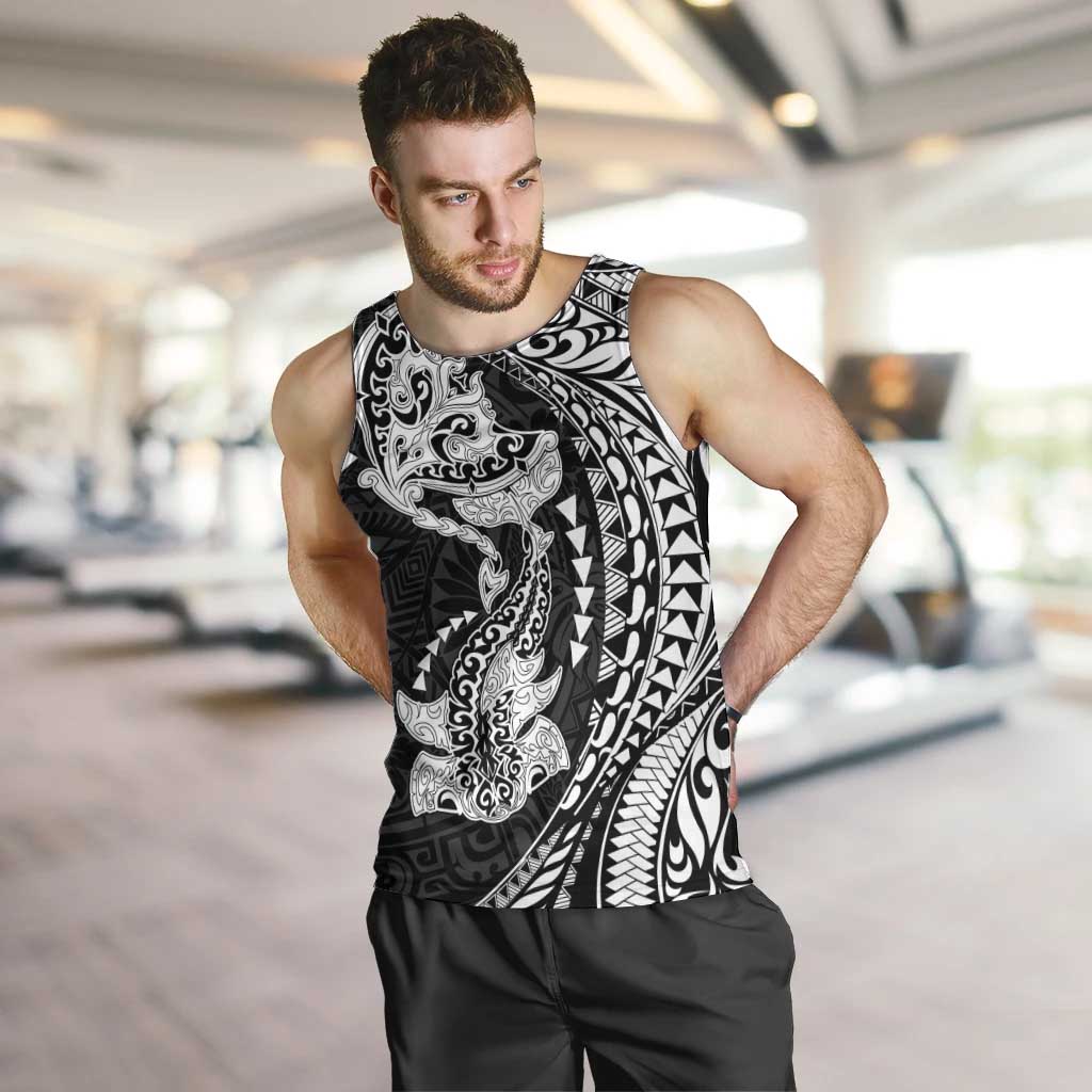 Hawaiian Manta Ray and Hammerhead Shark Tribal Tattoo Men Tank Top with Polynesian Tribal Pattern Black-White Color