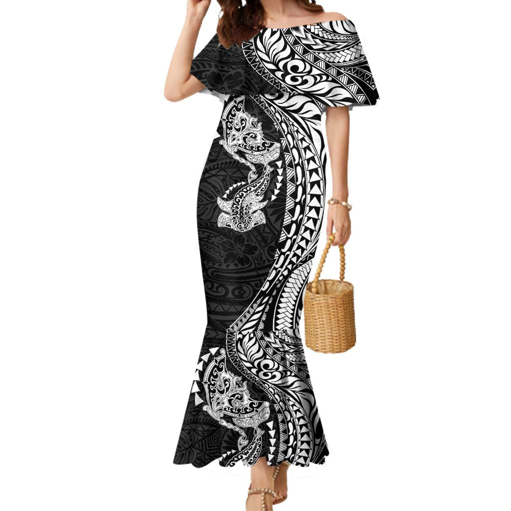 Hawaiian Manta Ray and Hammerhead Shark Tribal Tattoo Mermaid Dress with Polynesian Tribal Pattern Black-White Color
