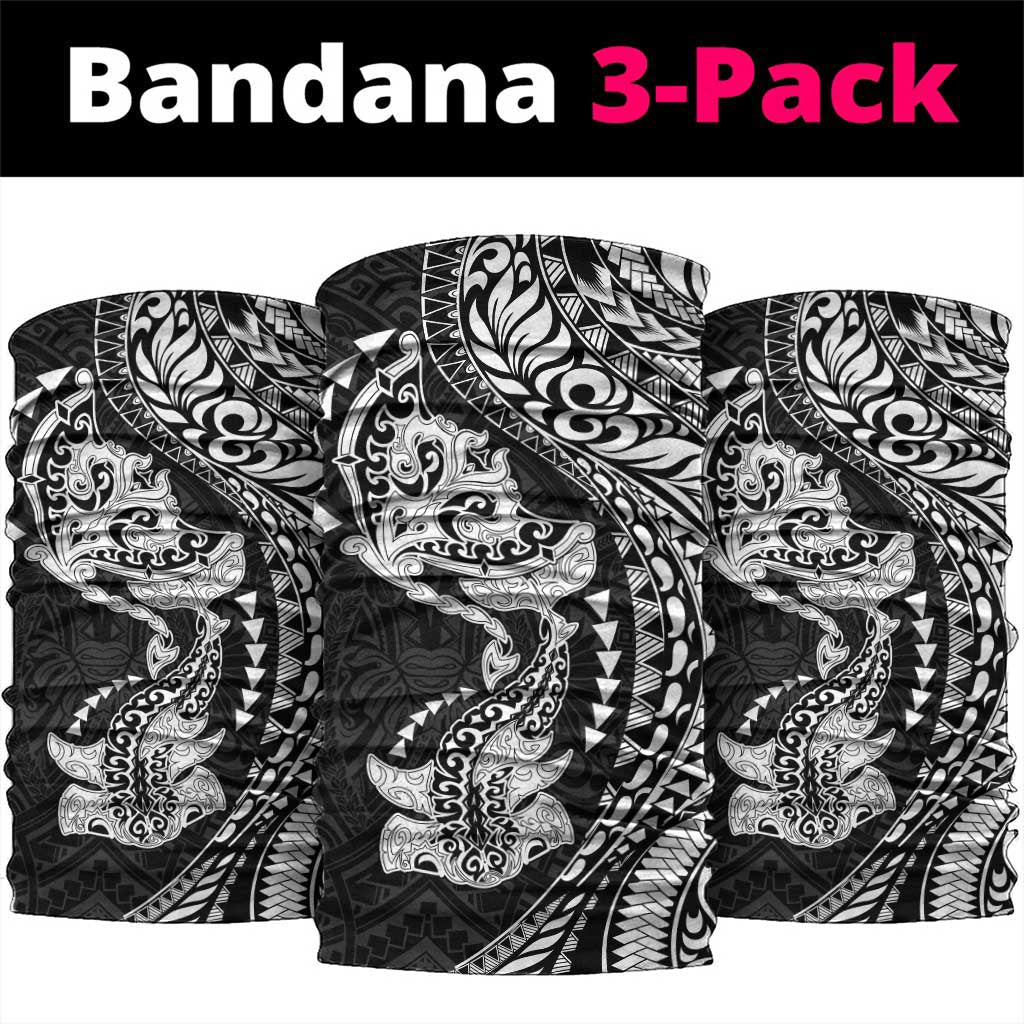 Hawaiian Manta Ray and Hammerhead Shark Tribal Tattoo Neck Gaiter with Polynesian Tribal Pattern Black-White Color