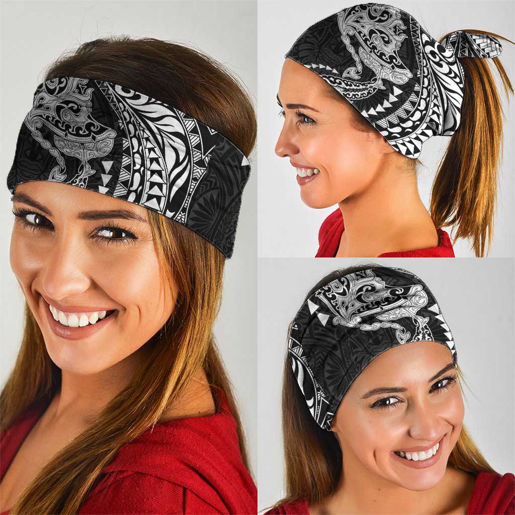 Hawaiian Manta Ray and Hammerhead Shark Tribal Tattoo Neck Gaiter with Polynesian Tribal Pattern Black-White Color
