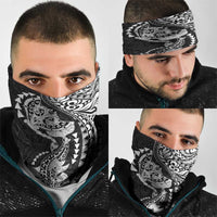 Hawaiian Manta Ray and Hammerhead Shark Tribal Tattoo Neck Gaiter with Polynesian Tribal Pattern Black-White Color