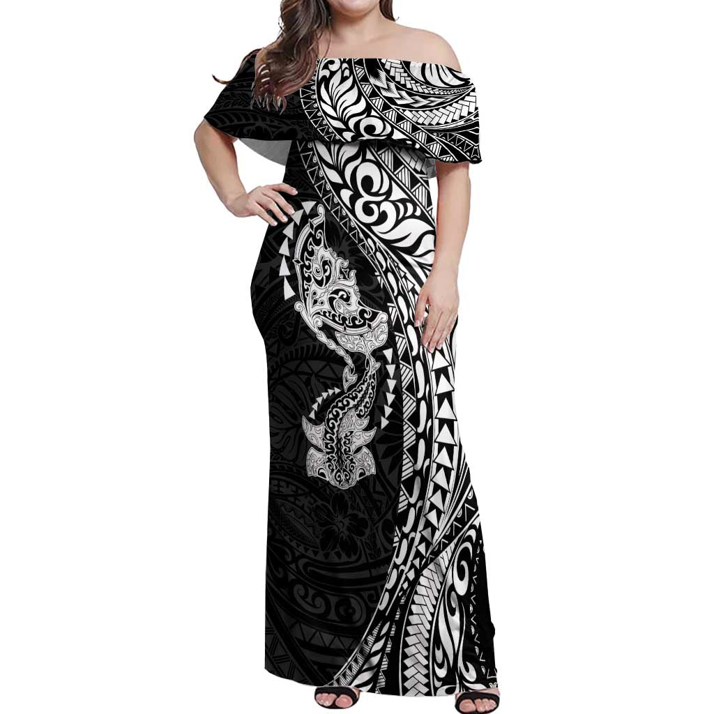 Hawaiian Manta Ray and Hammerhead Shark Tribal Tattoo Off Shoulder Maxi Dress with Polynesian Tribal Pattern Black-White Color