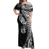 Hawaiian Manta Ray and Hammerhead Shark Tribal Tattoo Off Shoulder Maxi Dress with Polynesian Tribal Pattern Black-White Color