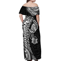 Hawaiian Manta Ray and Hammerhead Shark Tribal Tattoo Off Shoulder Maxi Dress with Polynesian Tribal Pattern Black-White Color
