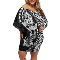 Hawaiian Manta Ray and Hammerhead Shark Tribal Tattoo Off Shoulder Short Dress with Polynesian Tribal Pattern Black-White Color