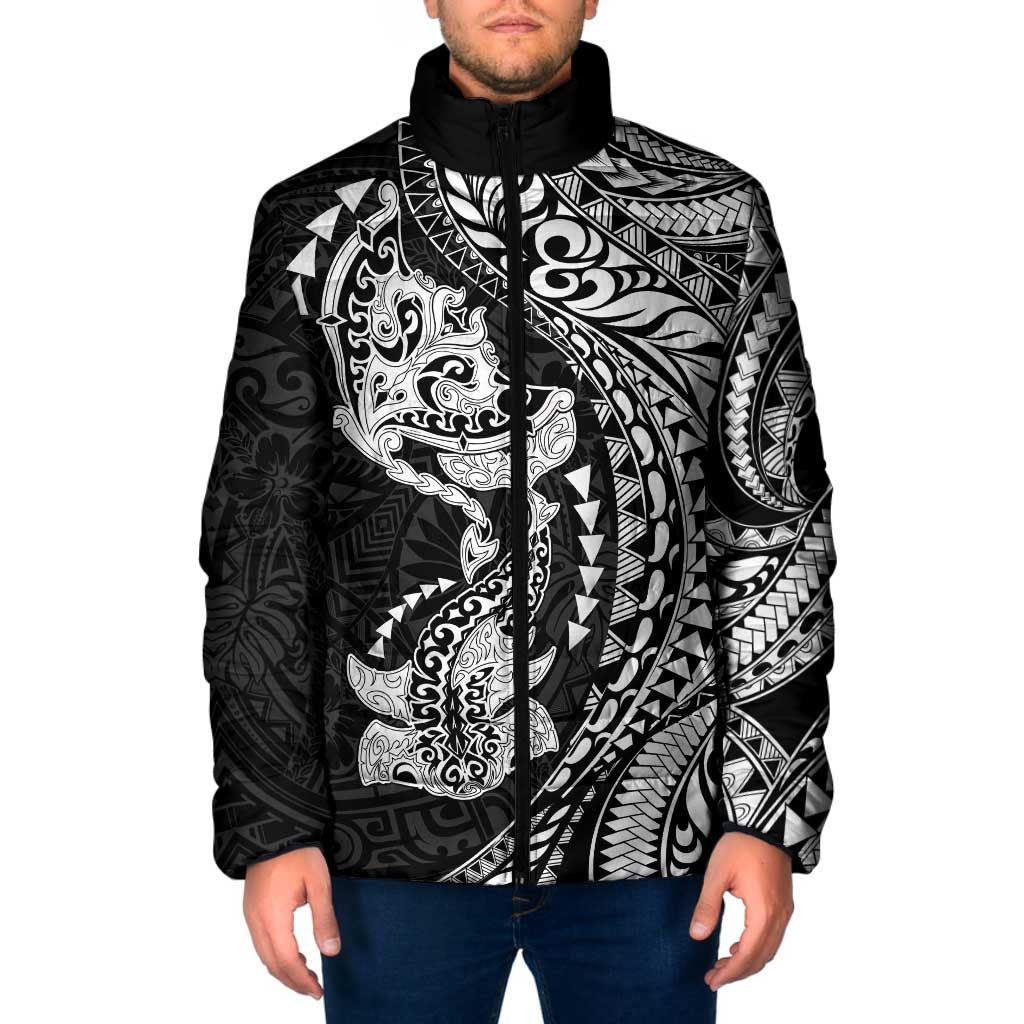 Hawaiian Manta Ray and Hammerhead Shark Tribal Tattoo Padded Jacket with Polynesian Tribal Pattern Black-White Color