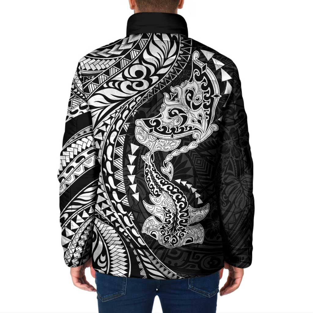 Hawaiian Manta Ray and Hammerhead Shark Tribal Tattoo Padded Jacket with Polynesian Tribal Pattern Black-White Color