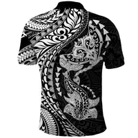Hawaiian Manta Ray and Hammerhead Shark Tribal Tattoo Polo Shirt with Polynesian Tribal Pattern Black-White Color