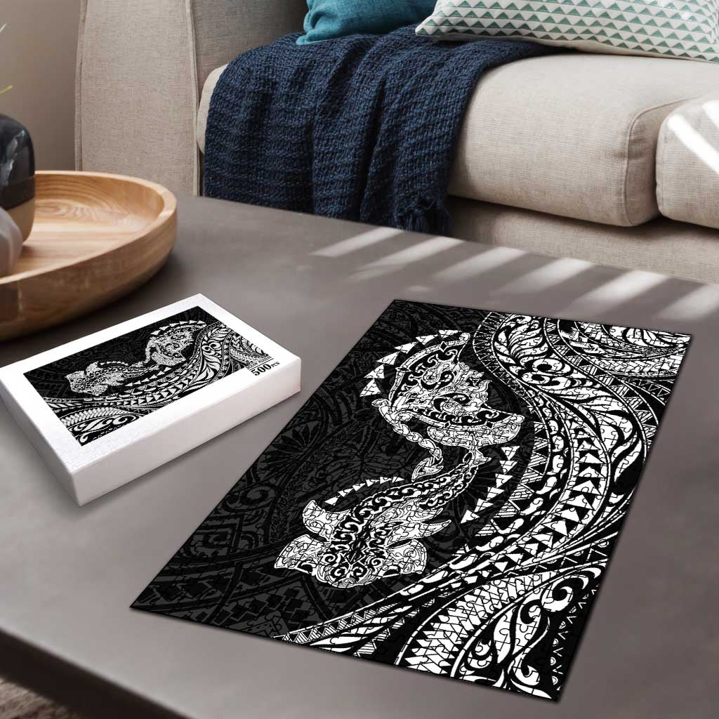 Hawaiian Manta Ray and Hammerhead Shark Tribal Tattoo Puzzle with Polynesian Tribal Pattern Black-White Color