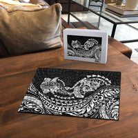 Hawaiian Manta Ray and Hammerhead Shark Tribal Tattoo Puzzle with Polynesian Tribal Pattern Black-White Color