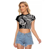 Hawaiian Manta Ray and Hammerhead Shark Tribal Tattoo Raglan Cropped T Shirt with Polynesian Tribal Pattern Black-White Color