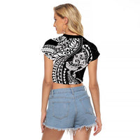 Hawaiian Manta Ray and Hammerhead Shark Tribal Tattoo Raglan Cropped T Shirt with Polynesian Tribal Pattern Black-White Color