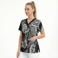 Hawaiian Manta Ray and Hammerhead Shark Tribal Tattoo Scrub Top with Polynesian Tribal Pattern Black-White Color