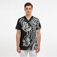 Hawaiian Manta Ray and Hammerhead Shark Tribal Tattoo Scrub Top with Polynesian Tribal Pattern Black-White Color