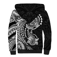 Hawaiian Manta Ray and Hammerhead Shark Tribal Tattoo Sherpa Hoodie with Polynesian Tribal Pattern Black-White Color
