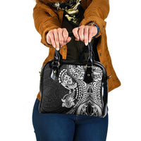 Hawaiian Manta Ray and Hammerhead Shark Tribal Tattoo Shoulder Handbag with Polynesian Tribal Pattern Black-White Color