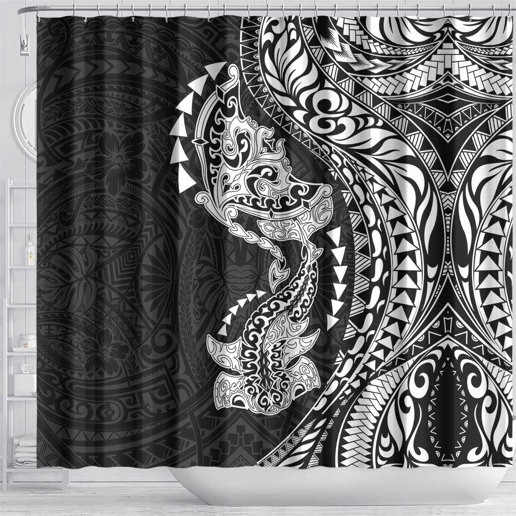 Hawaiian Manta Ray and Hammerhead Shark Tribal Tattoo Shower Curtain with Polynesian Tribal Pattern Black-White Color