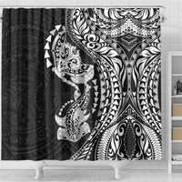 Hawaiian Manta Ray and Hammerhead Shark Tribal Tattoo Shower Curtain with Polynesian Tribal Pattern Black-White Color