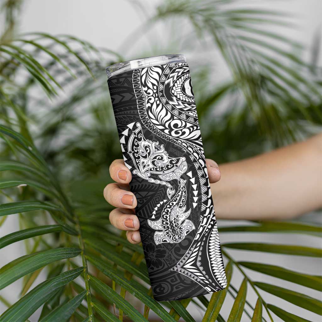 Hawaiian Manta Ray and Hammerhead Shark Tribal Tattoo Skinny Tumbler with Polynesian Tribal Pattern Black-White Color LT03 - Polynesian Pride