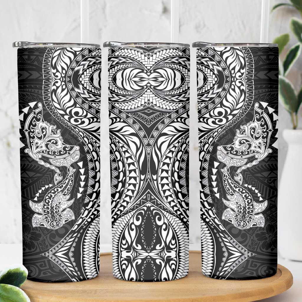 Hawaiian Manta Ray and Hammerhead Shark Tribal Tattoo Skinny Tumbler with Polynesian Tribal Pattern Black-White Color LT03 - Polynesian Pride
