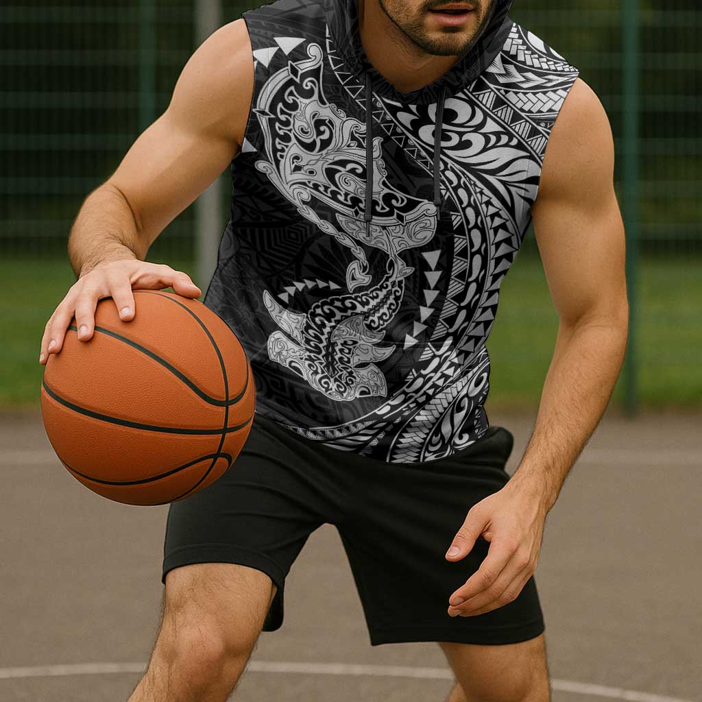 Hawaiian Manta Ray and Hammerhead Shark Tribal Tattoo Sleeveless Hoodie with Polynesian Tribal Pattern Black-White Color