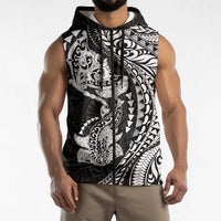 Hawaiian Manta Ray and Hammerhead Shark Tribal Tattoo Sleeveless Zip Hoodie with Polynesian Tribal Pattern Black-White Color