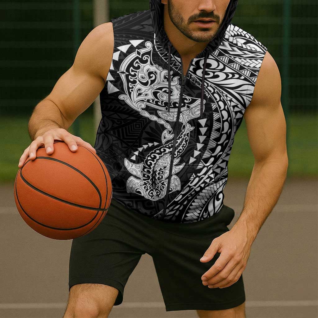 Hawaiian Manta Ray and Hammerhead Shark Tribal Tattoo Sleeveless Zip Hoodie with Polynesian Tribal Pattern Black-White Color