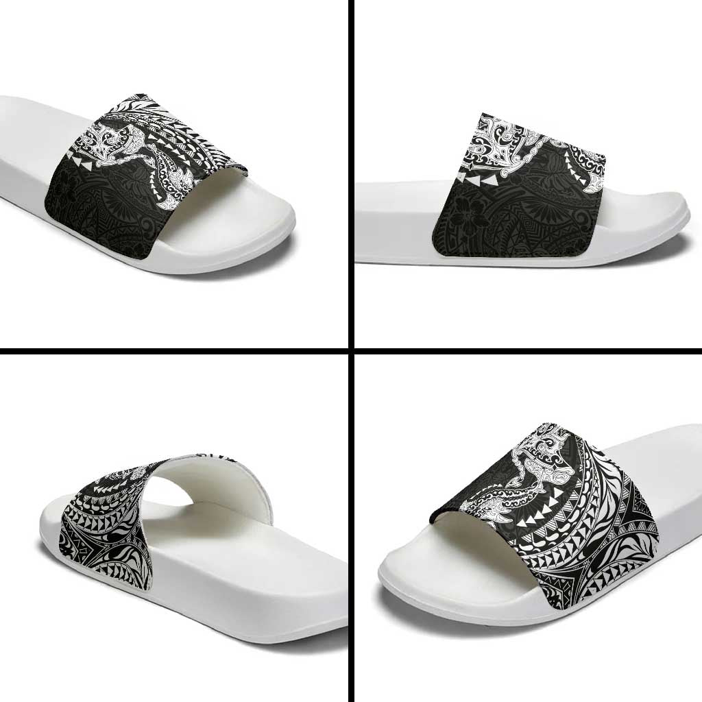 Hawaiian Manta Ray and Hammerhead Shark Tribal Tattoo Slide Sandals with Polynesian Tribal Pattern Black-White Color