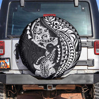 Hawaiian Manta Ray and Hammerhead Shark Tribal Tattoo Spare Tire Cover with Polynesian Tribal Pattern Black-White Color