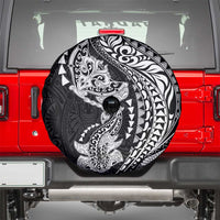 Hawaiian Manta Ray and Hammerhead Shark Tribal Tattoo Spare Tire Cover with Polynesian Tribal Pattern Black-White Color