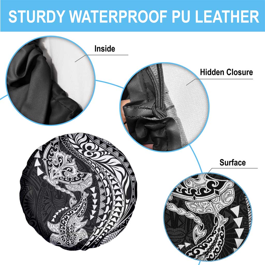 Hawaiian Manta Ray and Hammerhead Shark Tribal Tattoo Spare Tire Cover with Polynesian Tribal Pattern Black-White Color