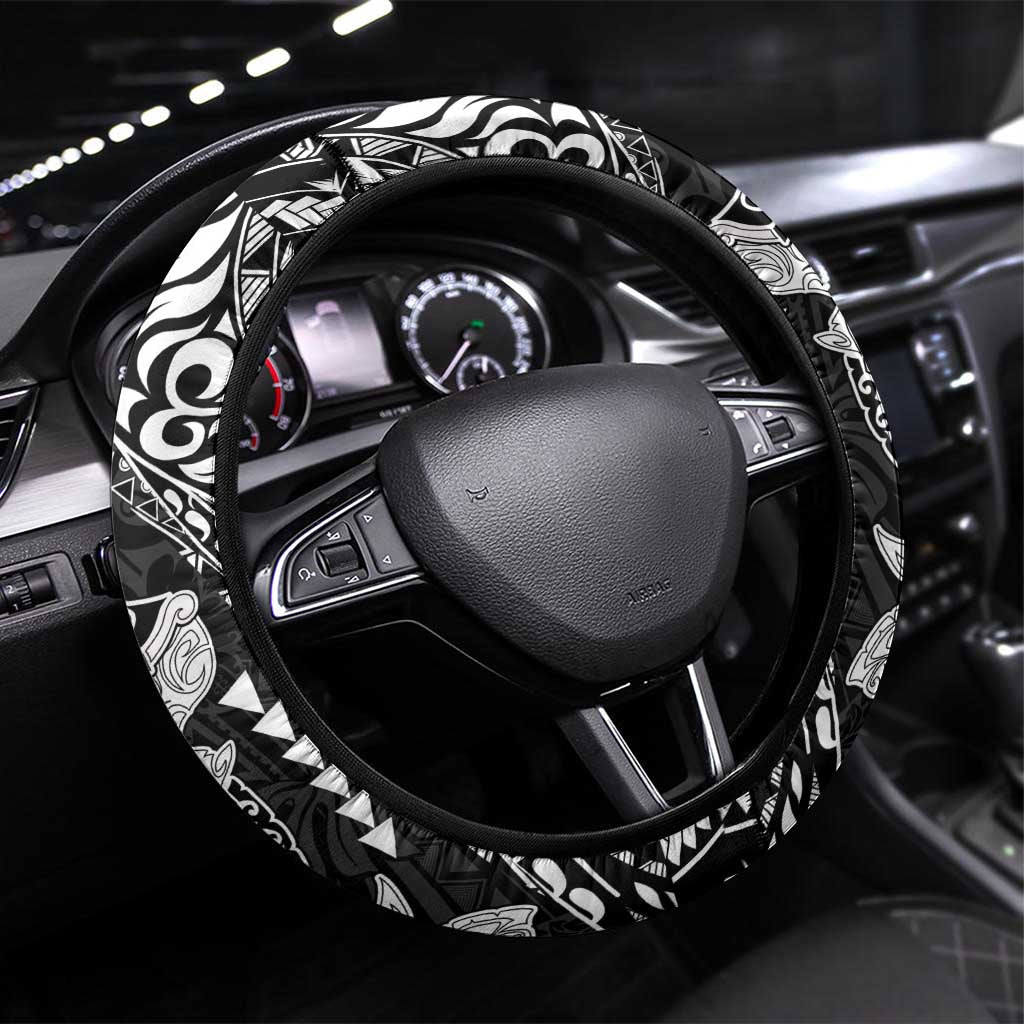 Hawaiian Manta Ray and Hammerhead Shark Tribal Tattoo Steering Wheel Cover with Polynesian Tribal Pattern Black-White Color