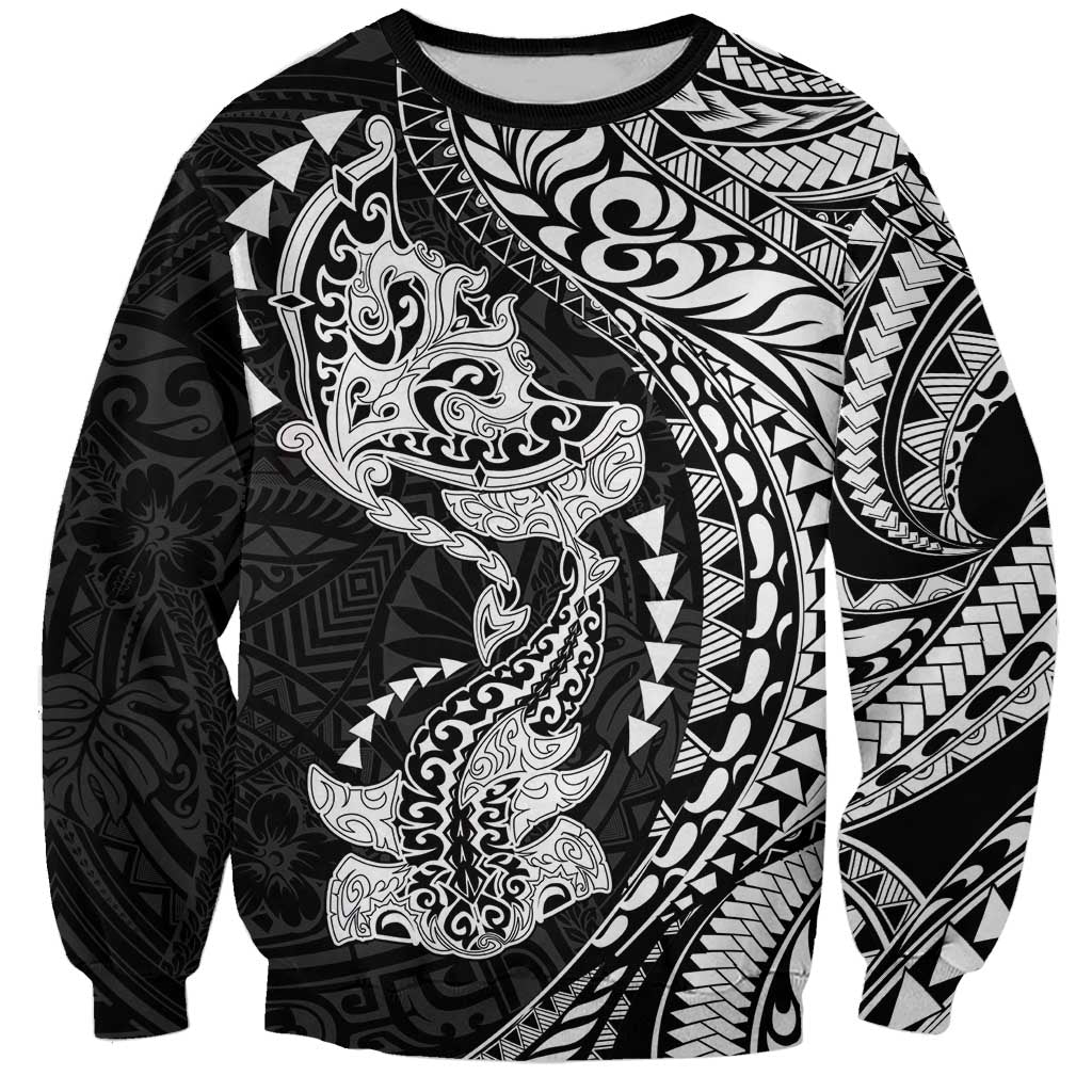Hawaiian Manta Ray and Hammerhead Shark Tribal Tattoo Sweatshirt with Polynesian Tribal Pattern Black-White Color