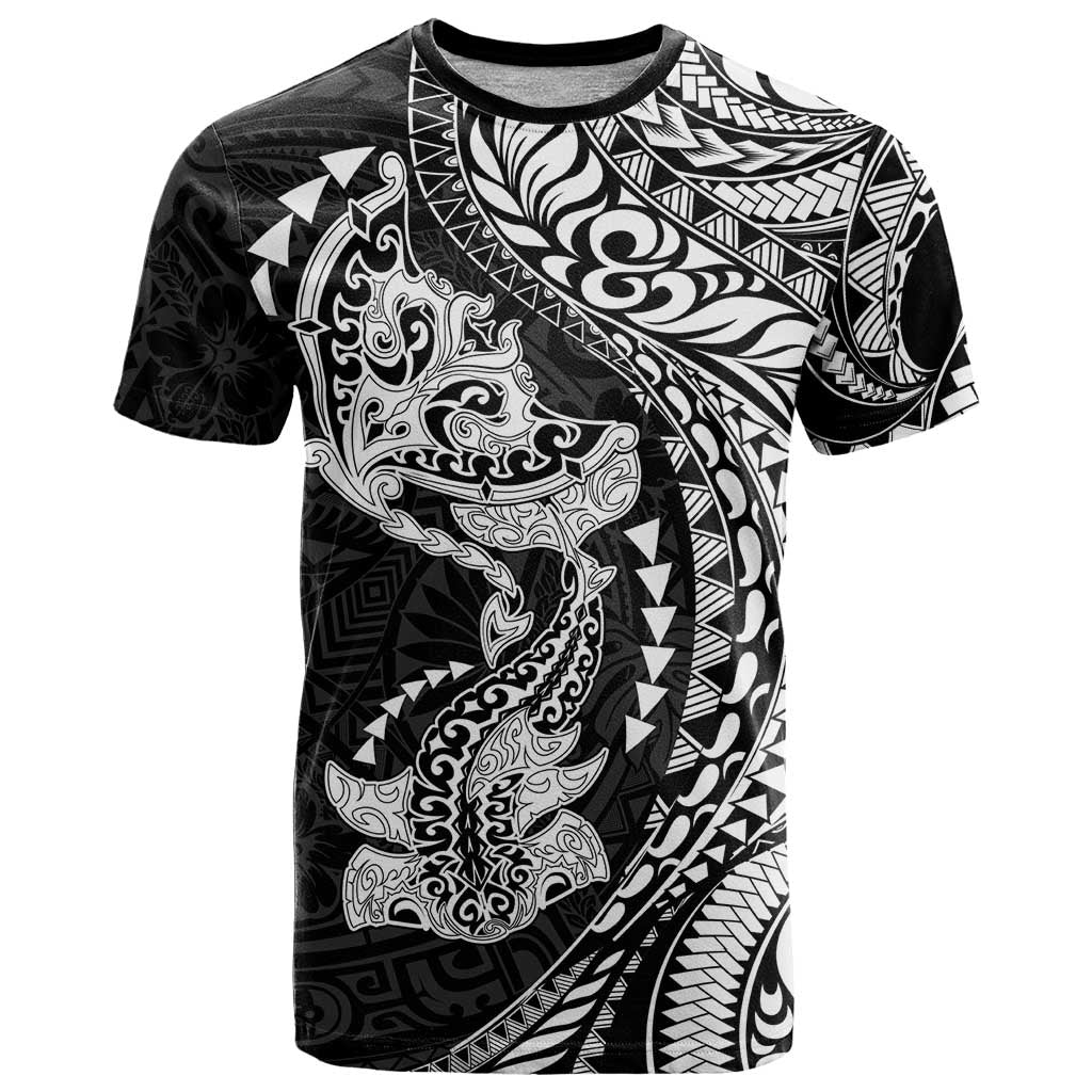 Hawaiian Manta Ray and Hammerhead Shark Tribal Tattoo T Shirt with Polynesian Tribal Pattern Black-White Color