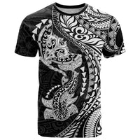 Hawaiian Manta Ray and Hammerhead Shark Tribal Tattoo T Shirt with Polynesian Tribal Pattern Black-White Color