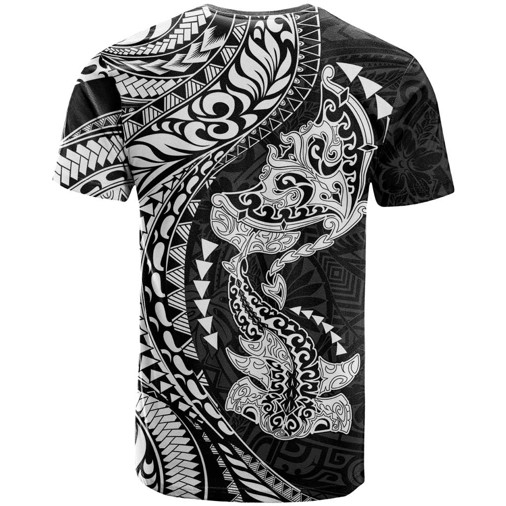 Hawaiian Manta Ray and Hammerhead Shark Tribal Tattoo T Shirt with Polynesian Tribal Pattern Black-White Color